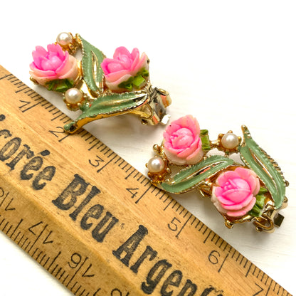 VINTAGE Pink Plastic Rose & Pearl Clip Earrings