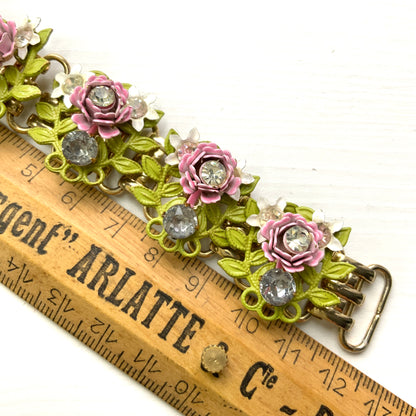 VINTAGE 1950's Enamel Pink Rose & White Flower Bracelet