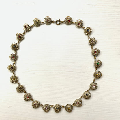 VINTAGE Metal Rose & Multicolour Rhinestone Choker Necklace