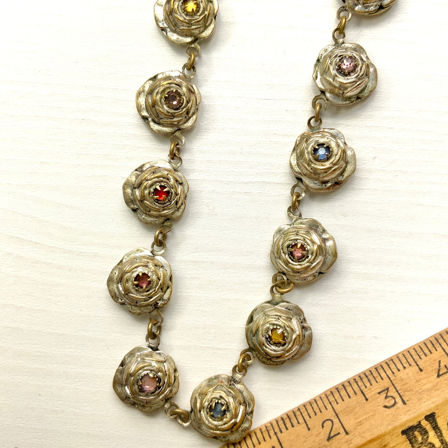 VINTAGE Metal Rose & Multicolour Rhinestone Choker Necklace