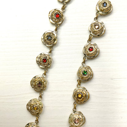 VINTAGE Metal Rose & Multicolour Rhinestone Choker Necklace