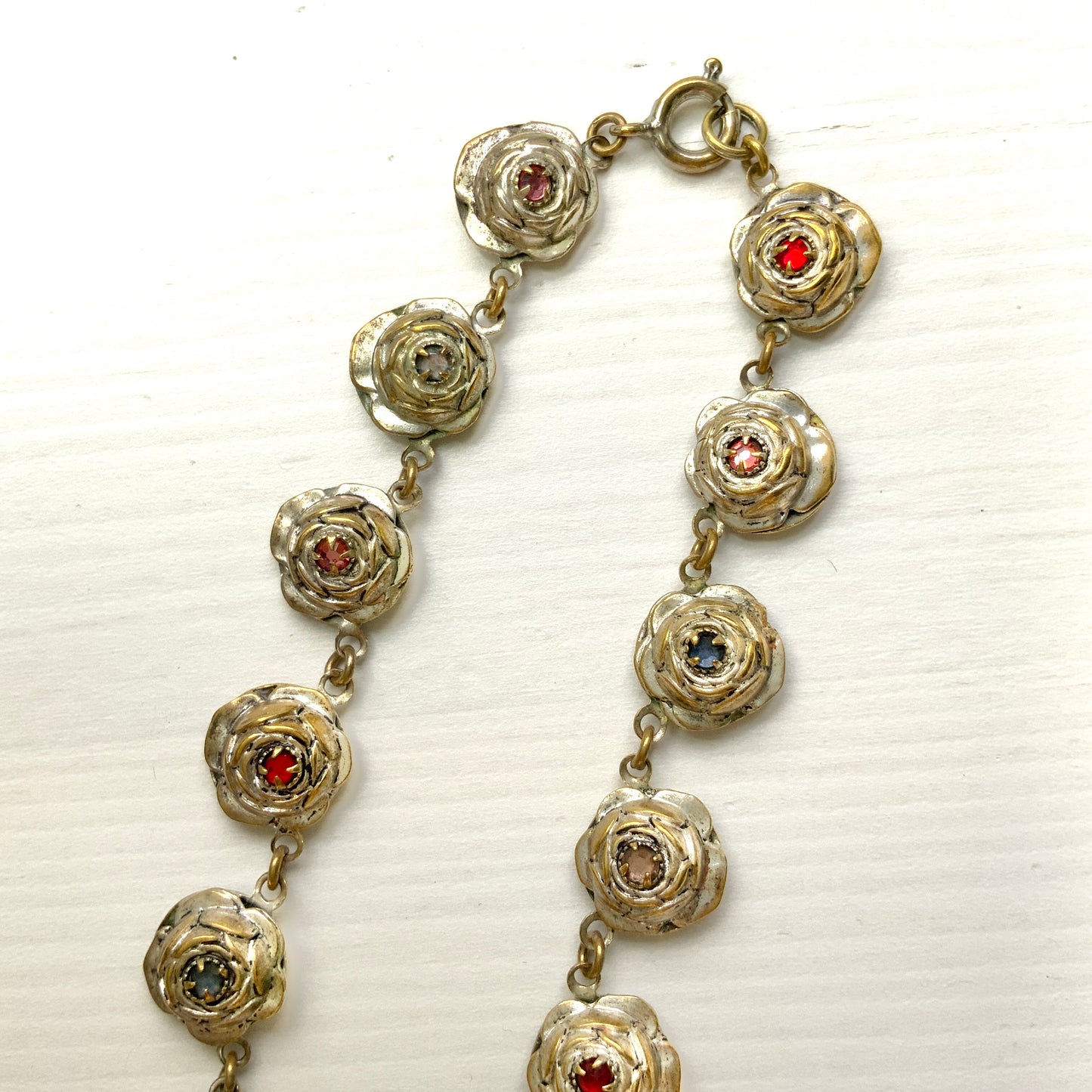 VINTAGE Metal Rose & Multicolour Rhinestone Choker Necklace