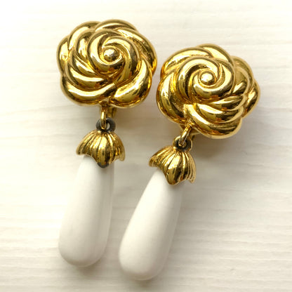 VINTAGE MONET Gold Tone Rose & White Raindrop Clip Earrings