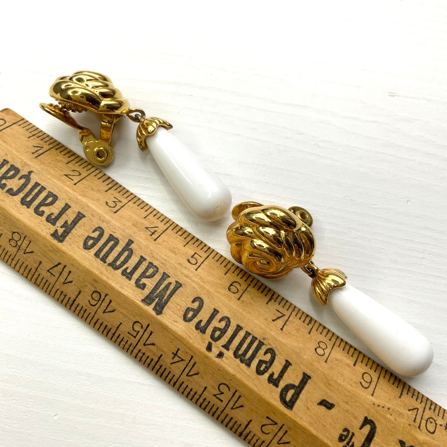 VINTAGE MONET Gold Tone Rose & White Raindrop Clip Earrings