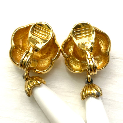 VINTAGE MONET Gold Tone Rose & White Raindrop Clip Earrings