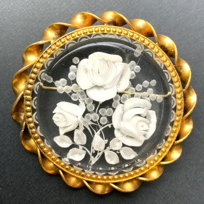 VINTAGE 1930-40's Reverse Carved White Rose Round Brooch