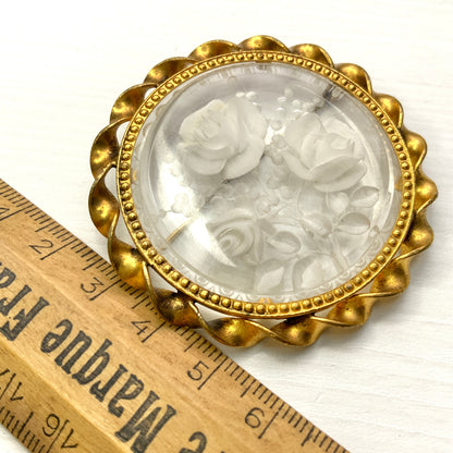 VINTAGE 1930-40's Reverse Carved White Rose Round Brooch