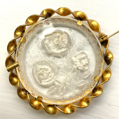 VINTAGE 1930-40's Reverse Carved White Rose Round Brooch