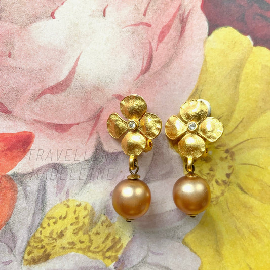 VINTAGE Gold Tone Dogwood Flower & Faux Bronze Pearl Dangle Clip Earrings