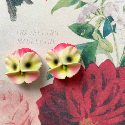 VINTAGE Pink Celluloid Pansy Clip Earrings