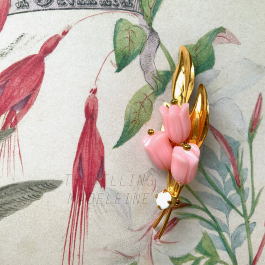 VINTAGE 1940's Pink Plastic Tulip & Gold Tone Leaves Bouquet Brooch