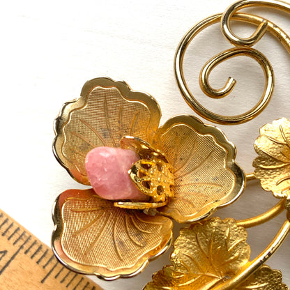 VINTAGE Gold Tone Leaf x Pink Stone & Pearl Brooch