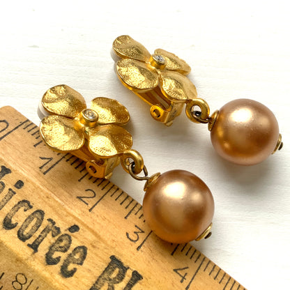 VINTAGE Gold Tone Dogwood Flower & Faux Bronze Pearl Dangle Clip Earrings