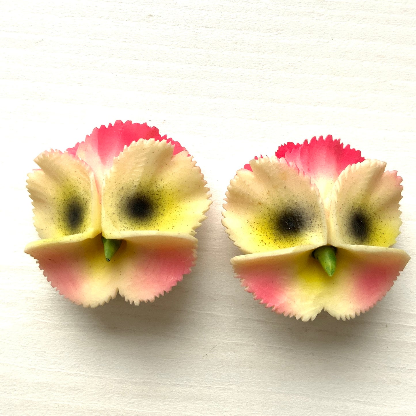 VINTAGE Pink Celluloid Pansy Clip Earrings