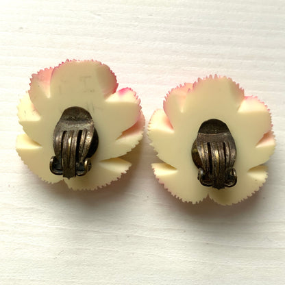 VINTAGE Pink Celluloid Pansy Clip Earrings