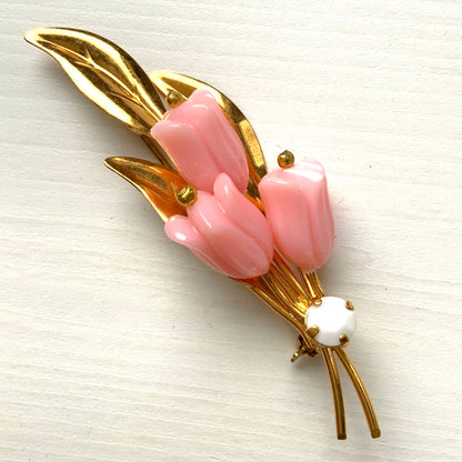 VINTAGE 1940's Pink Plastic Tulip & Gold Tone Leaves Bouquet Brooch