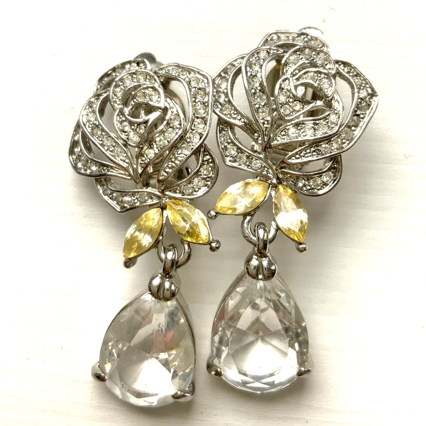 VINTAGE Rhinestone Rose & Clear Teardrop Dangle Clip Earrings