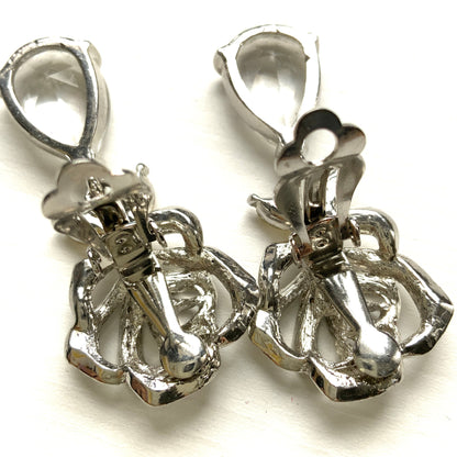 VINTAGE Rhinestone Rose & Clear Teardrop Dangle Clip Earrings