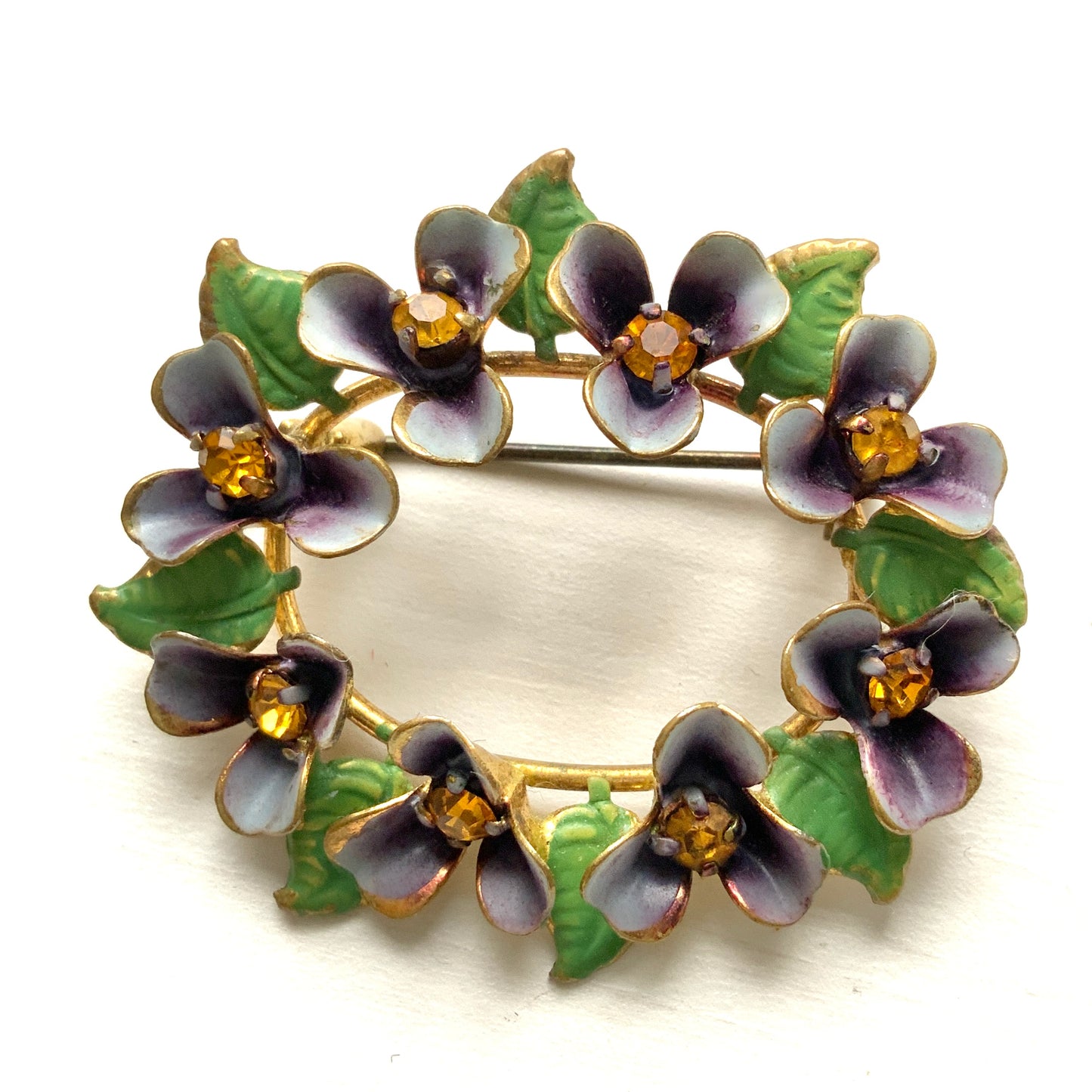 VINTAGE 1940-50's Enamel Violet & Yellow Rhinestone Wreath Brooch