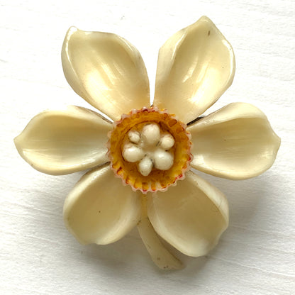 ANTIQUE Celluloid Carved Daffodil Brooch