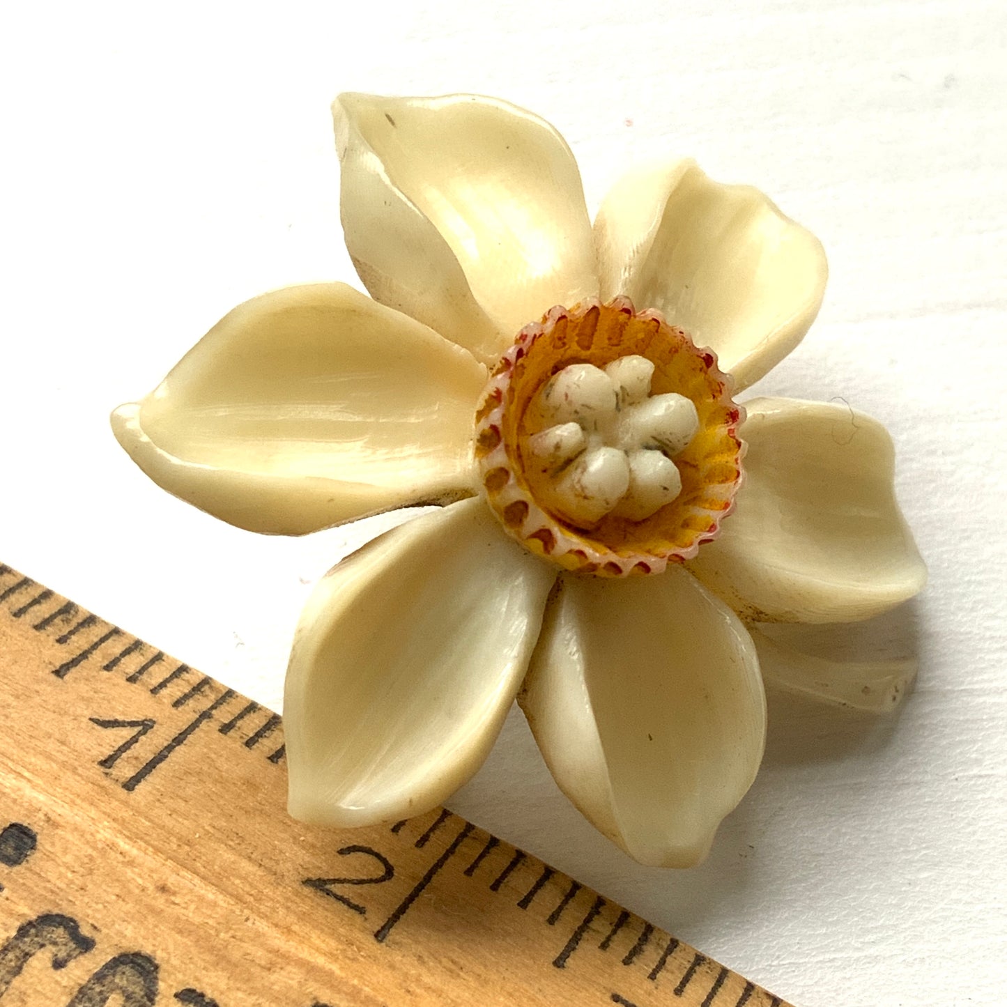 ANTIQUE Celluloid Carved Daffodil Brooch