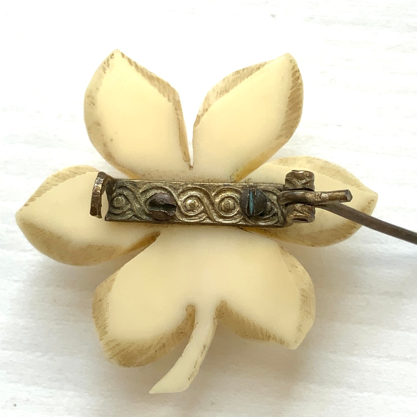 ANTIQUE Celluloid Carved Daffodil Brooch