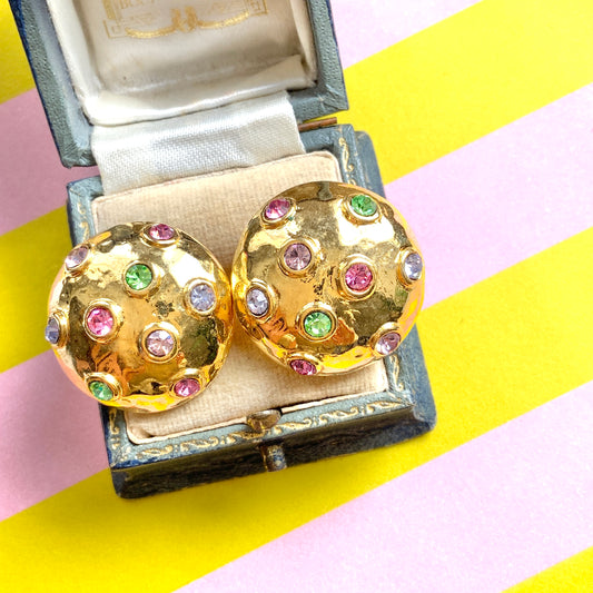 VINTAGE 1960-80's Gold Tone Dome & Multicolour Rhinestone Clip Earrings