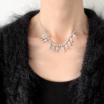 VINTAGE 1940-50's Marquise Rhinestone Fringe Silver Necklace