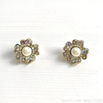 VINTAGE 1980’s Aurora Borealis +Faux Pearl Flower Clip Earrings