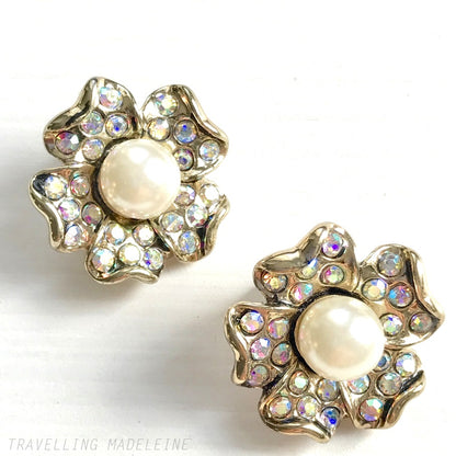 VINTAGE 1980’s Aurora Borealis +Faux Pearl Flower Clip Earrings