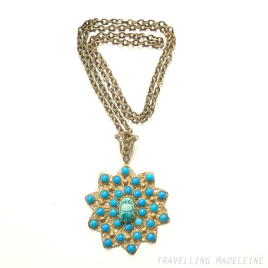 VINTAGE 1960's Turquoise Faience Scarab & Gold Tone Filigree Star Pendant Necklace