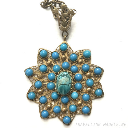 VINTAGE 1960's Turquoise Faience Scarab & Gold Tone Filigree Star Pendant Necklace