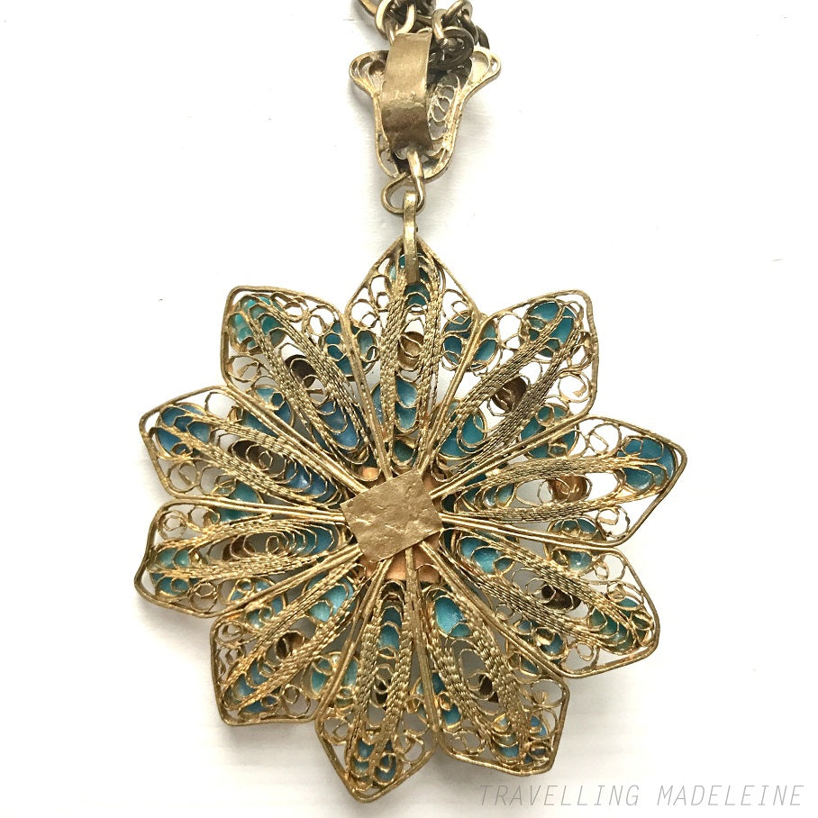 VINTAGE 1960's Turquoise Faience Scarab & Gold Tone Filigree Star Pendant Necklace