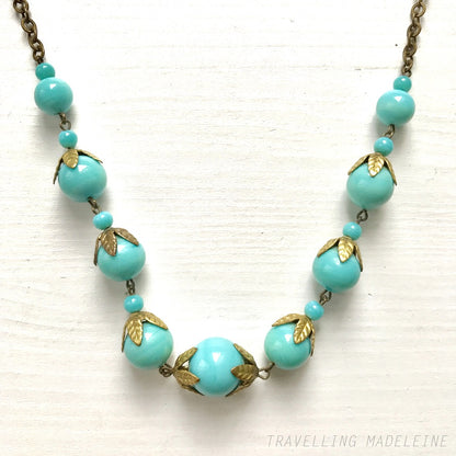 VINTAGE 1920's Turquoise Blue Glass & Gold Tone Leaf Necklace