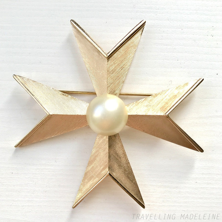 VINTAGE 1960's TRIFARI Gold Tone & Faux Pearl Big Maltese Cross  Brooch