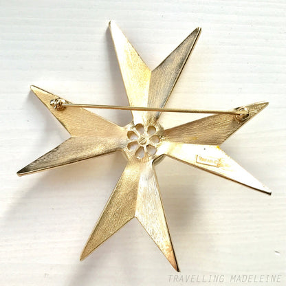 VINTAGE 1960's TRIFARI Gold Tone & Faux Pearl Big Maltese Cross  Brooch