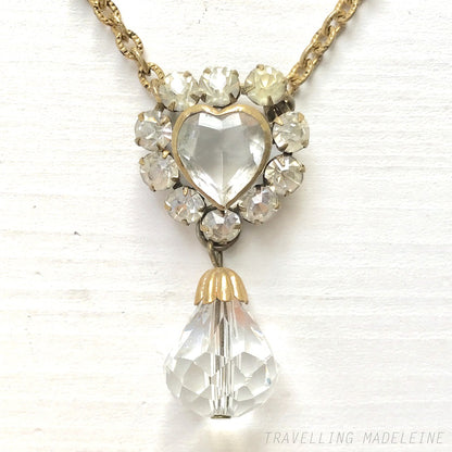 VINTAGE 1950's Clear Heart & Teardrop Glass Pendant Necklace