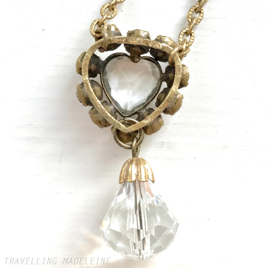 VINTAGE 1950's Clear Heart & Teardrop Glass Pendant Necklace