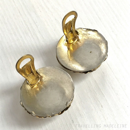 VINTAGE 1970's Silver Tone x Gold Tone Leaves Dome Clip Earrings