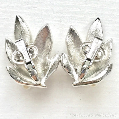 VINTAGE 1960's TRIFARI Silver Tone Leaves & Pearl Clip Earrings