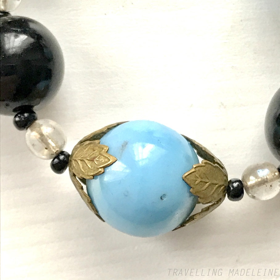 VINTAGE 1930’s Turquoise Blue & Black Glass Necklace