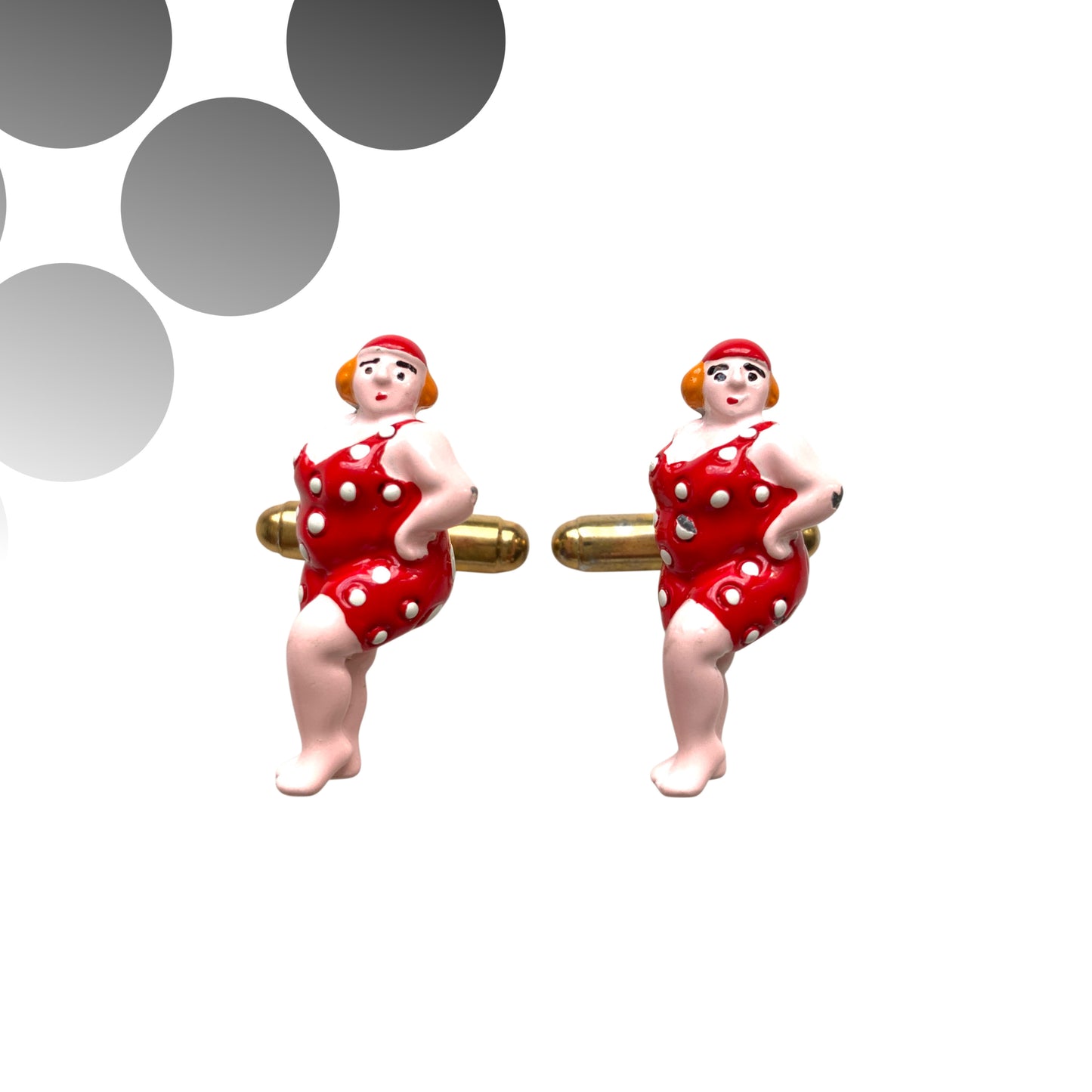 Vintage cufflinks featuring a charming lady in a polka dot swimsuit. 水玉模様の水着を着た女性がモチーフになった、ヴィンテージカフリンク。