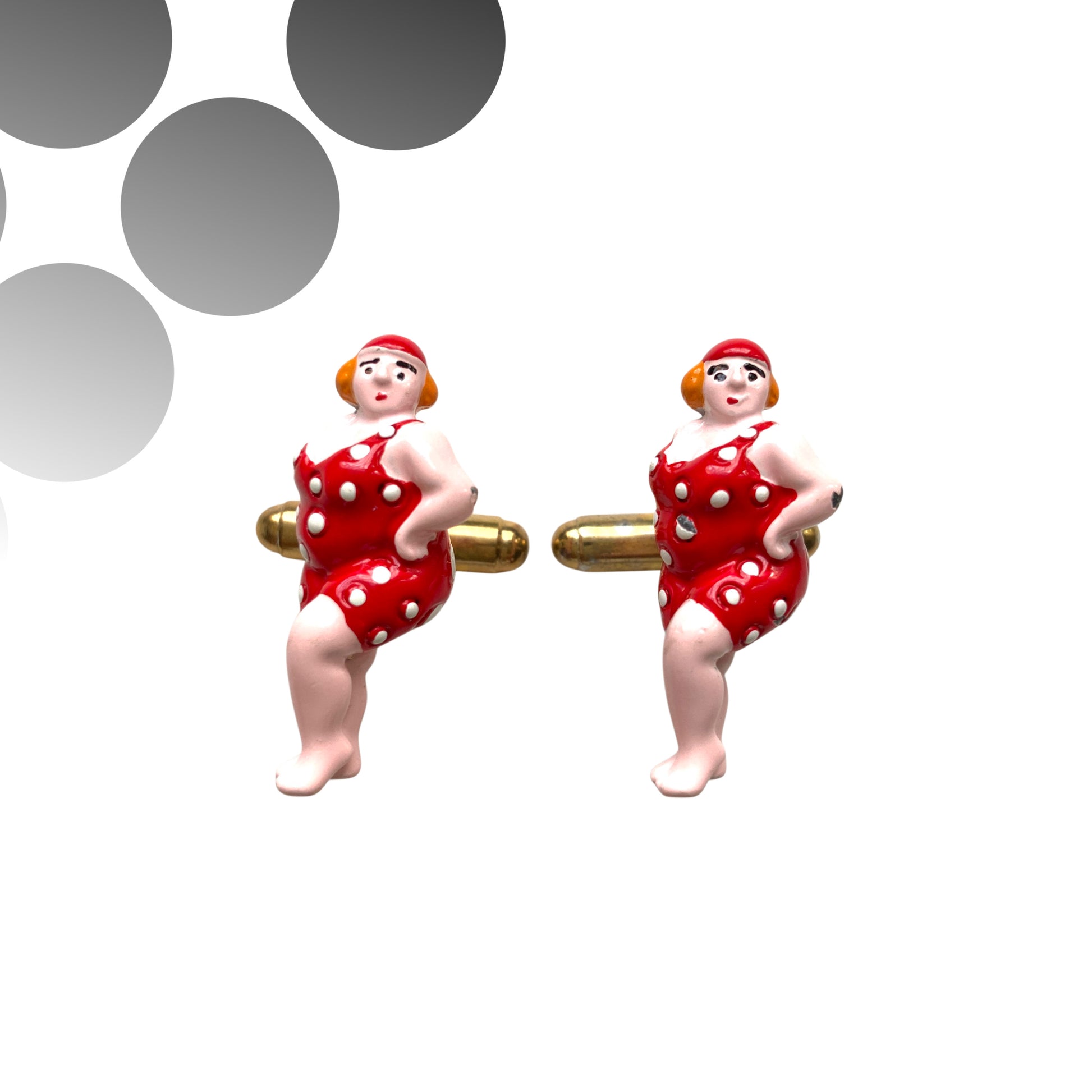Vintage cufflinks featuring a charming lady in a polka dot swimsuit. 水玉模様の水着を着た女性がモチーフになった、ヴィンテージカフリンク。