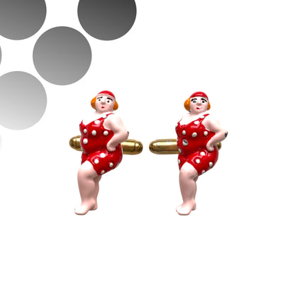 Vintage cufflinks featuring a charming lady in a polka dot swimsuit. 水玉模様の水着を着た女性がモチーフになった、ヴィンテージカフリンク。