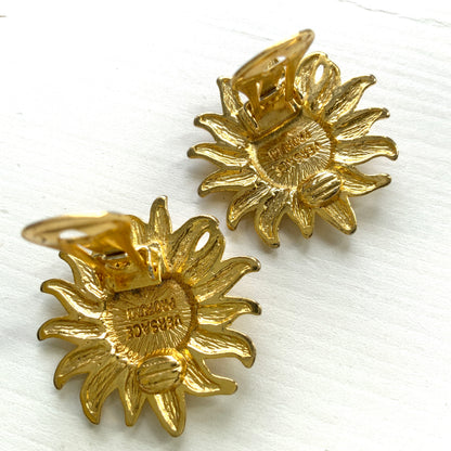 VINTAGE 1990s VERSACE Gold Tone Sun Face Clip-On Earrings