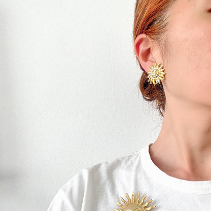 VINTAGE 1990s VERSACE Gold Tone Sun Face Clip-On Earrings