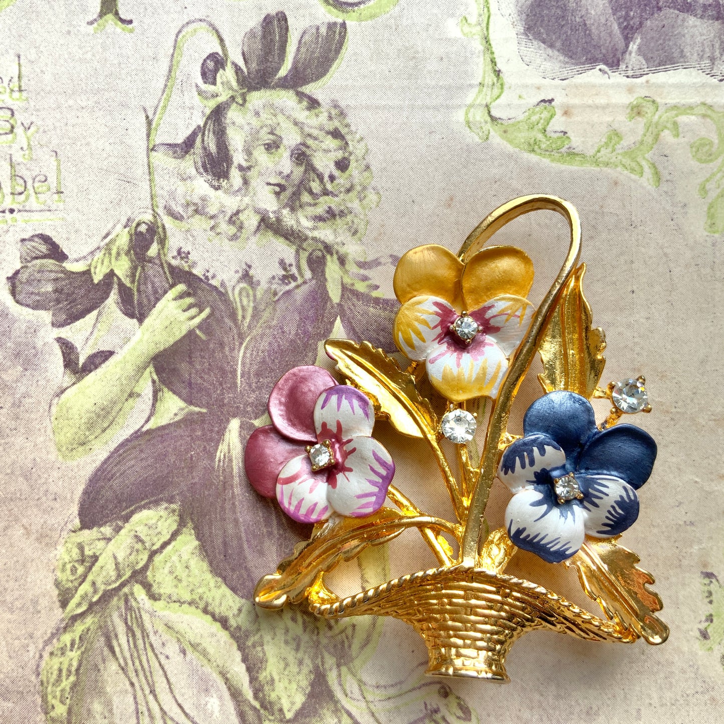 VINTAGE 1980s Enamel Pansy Basket Brooch