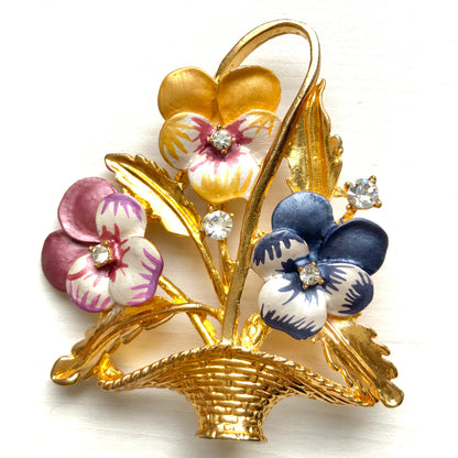 VINTAGE 1980s Enamel Pansy Basket Brooch