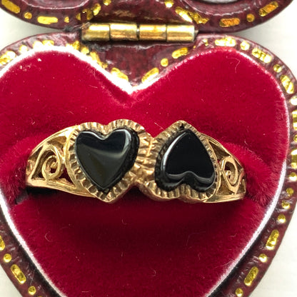 VINTAGE 9ct Gold Onyx Double Heart Ring ヴィンテージ　9金ゴールド　オニキス　ダブルハートリング