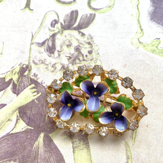 VINTAGE Enamel Violet & Rhinestone Brooch